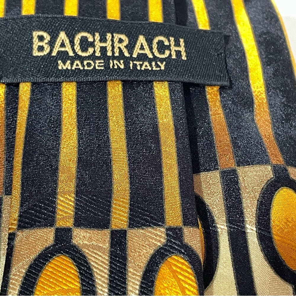 Bachrach Silk Italian Necktie Bold Graphics Black Golden Orange Wide - Picture 5 of 6